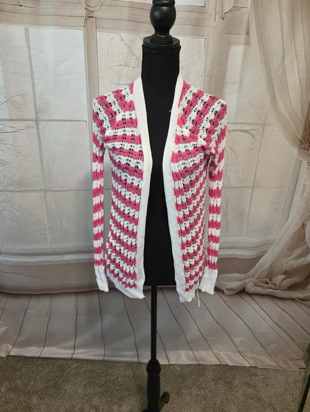 Open-Front Pink and White Stripe Knit Cardigan Sweater